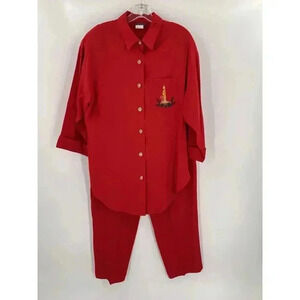 Vintage Tina Barrie 2 Pc Red Pantsuit Size 14 Women's Holiday Embroidered Candle